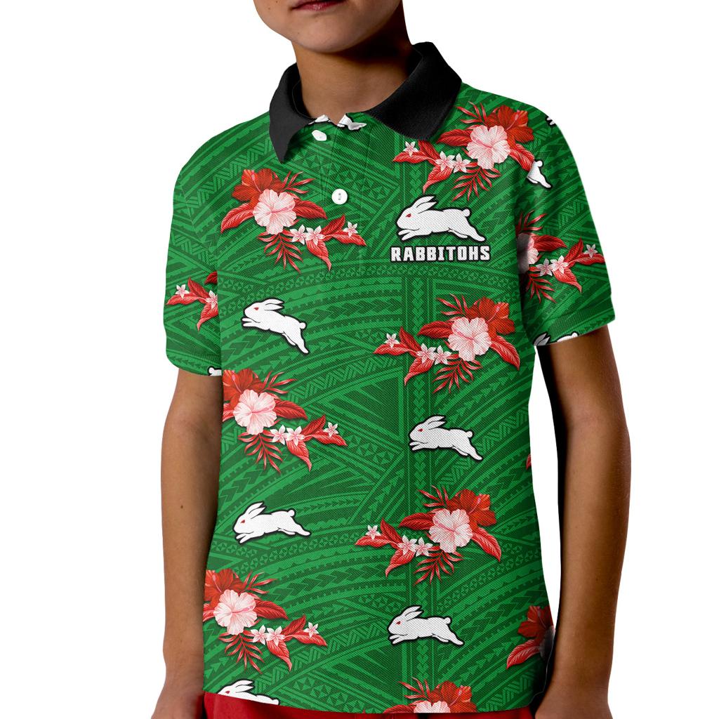 custom-text-and-number-rabbitohs-rugby-kid-polo-shirt-polynesian-tribal-mix-tropical-hawaiian-style
