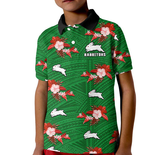 custom-text-and-number-rabbitohs-rugby-kid-polo-shirt-polynesian-tribal-mix-tropical-hawaiian-style