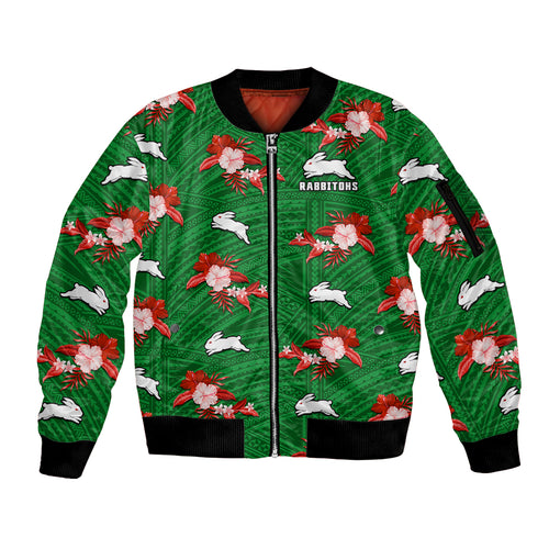 custom-text-and-number-rabbitohs-rugby-sleeve-zip-bomber-jacket-polynesian-tribal-mix-tropical-hawaiian-style