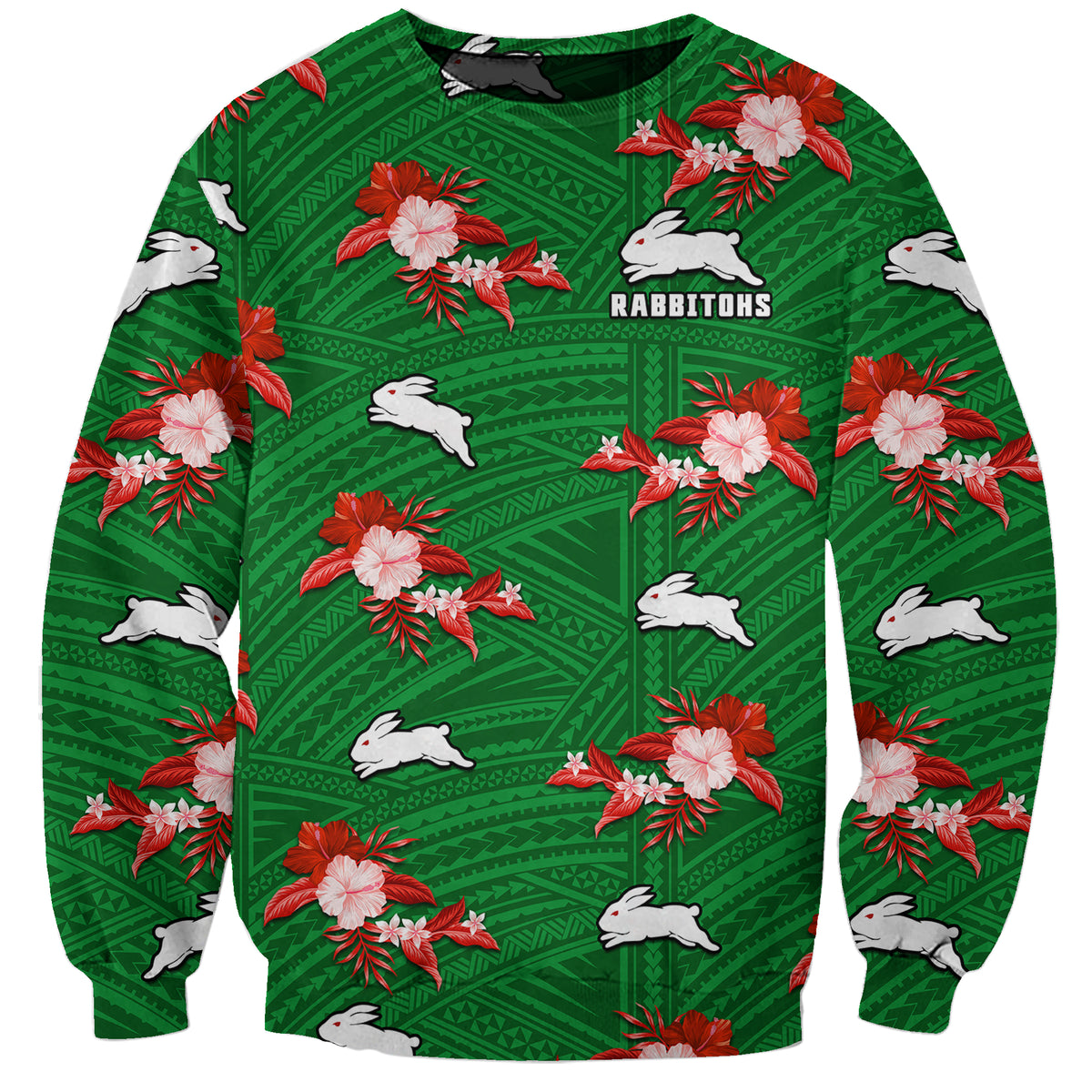 custom-text-and-number-rabbitohs-rugby-sweatshirt-polynesian-tribal-mix-tropical-hawaiian-style
