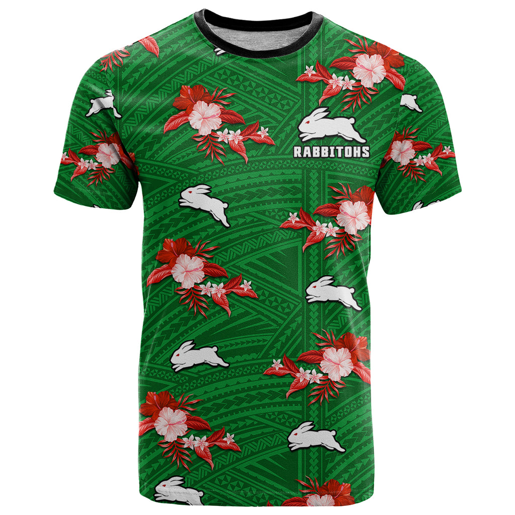 custom-text-and-number-rabbitohs-rugby-t-shirt-polynesian-tribal-mix-tropical-hawaiian-style
