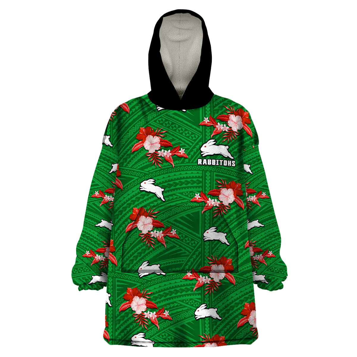 custom-text-and-number-rabbitohs-rugby-wearable-blanket-hoodie-polynesian-tribal-mix-tropical-hawaiian-style