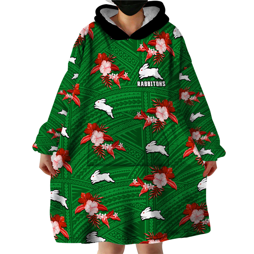 custom-text-and-number-rabbitohs-rugby-wearable-blanket-hoodie-polynesian-tribal-mix-tropical-hawaiian-style