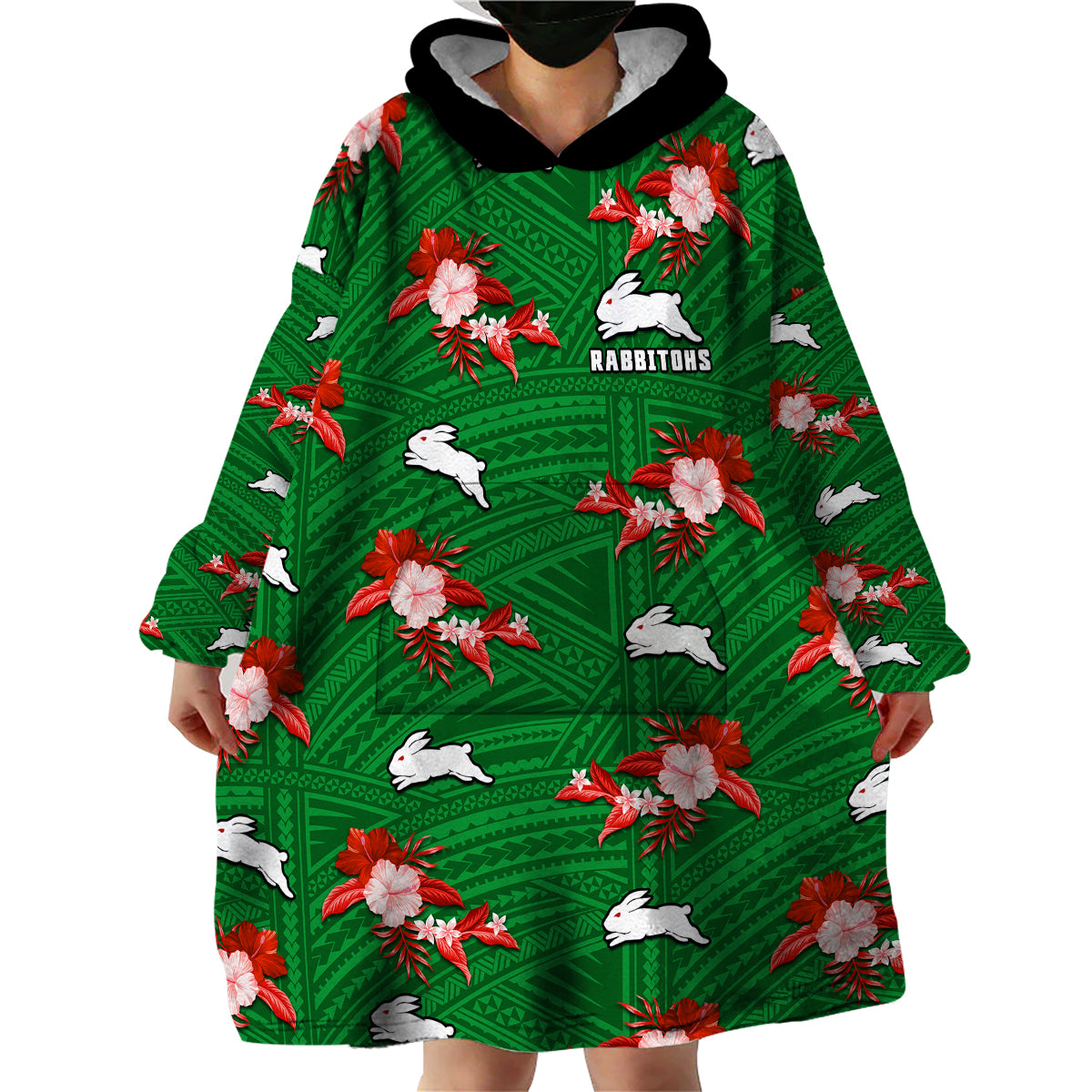 custom-text-and-number-rabbitohs-rugby-wearable-blanket-hoodie-polynesian-tribal-mix-tropical-hawaiian-style