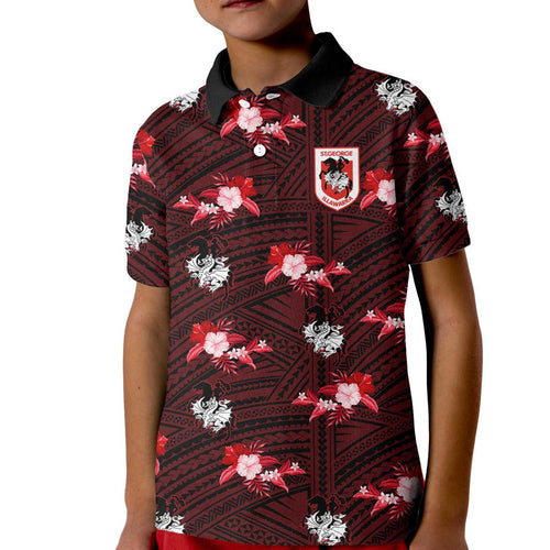 custom-text-and-number-dragons-rugby-kid-polo-shirt-polynesian-tribal-mix-tropical-hawaiian-style