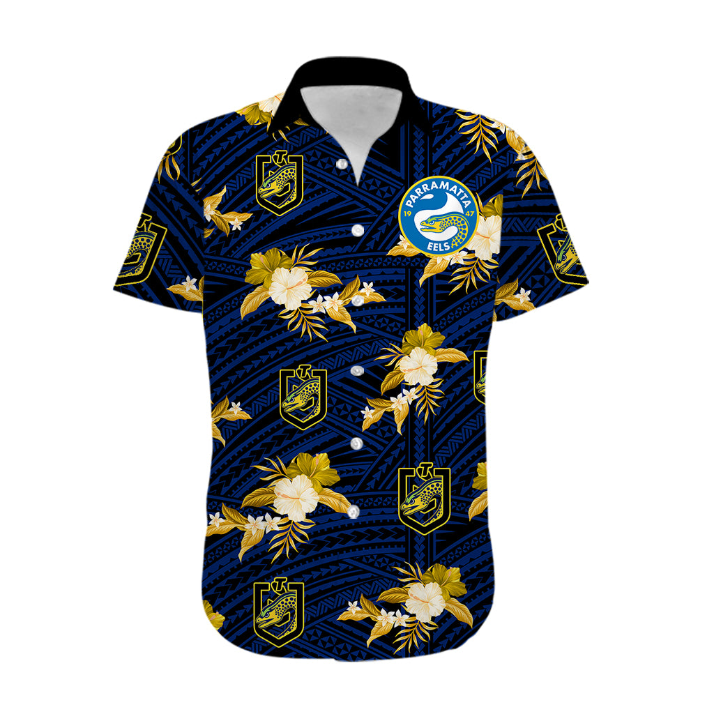 custom-text-and-number-parramatta-eels-rugby-hawaiian-shirt-polynesian-tribal-mix-tropical-hawaiian-style