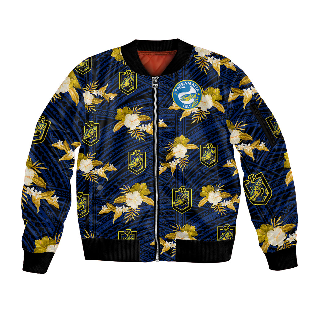 custom-text-and-number-parramatta-eels-rugby-sleeve-zip-bomber-jacket-polynesian-tribal-mix-tropical-hawaiian-style
