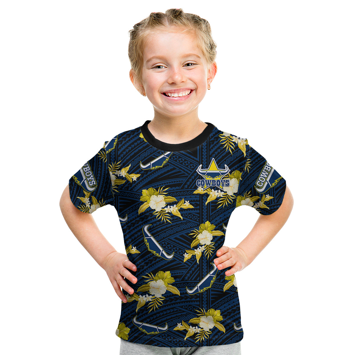 custom-text-and-number-cowboys-rugby-kid-t-shirt-polynesian-tribal-mix-tropical-hawaiian-blue-style
