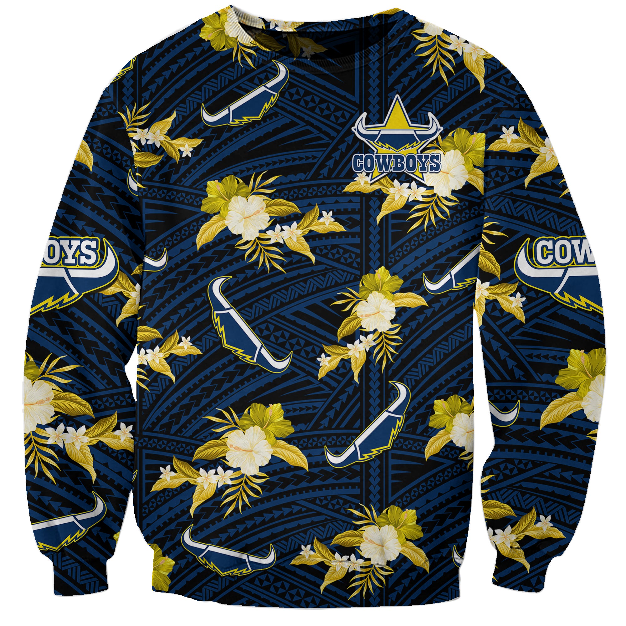 custom-text-and-number-cowboys-rugby-sweatshirt-polynesian-tribal-mix-tropical-hawaiian-blue-style