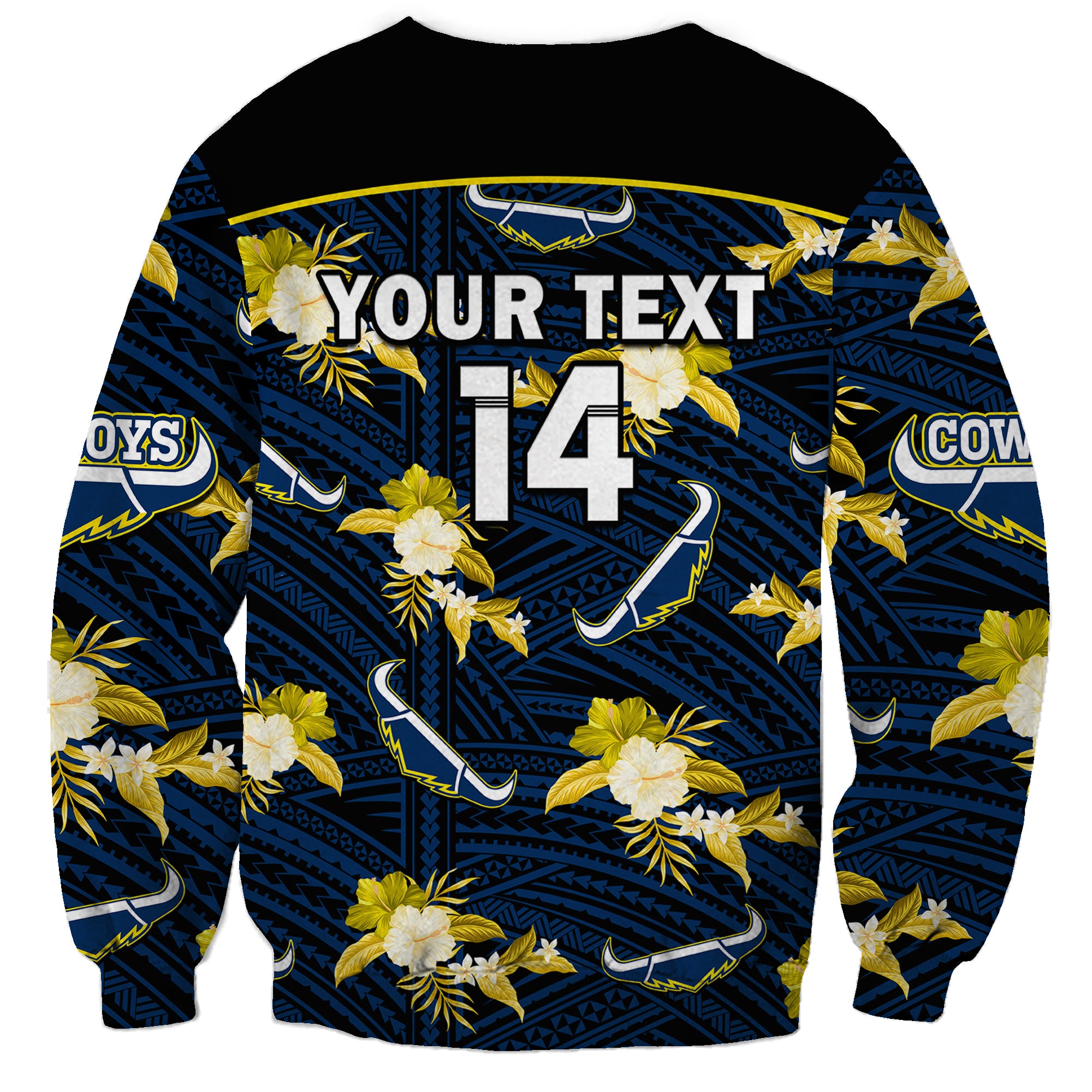 custom-text-and-number-cowboys-rugby-sweatshirt-polynesian-tribal-mix-tropical-hawaiian-blue-style