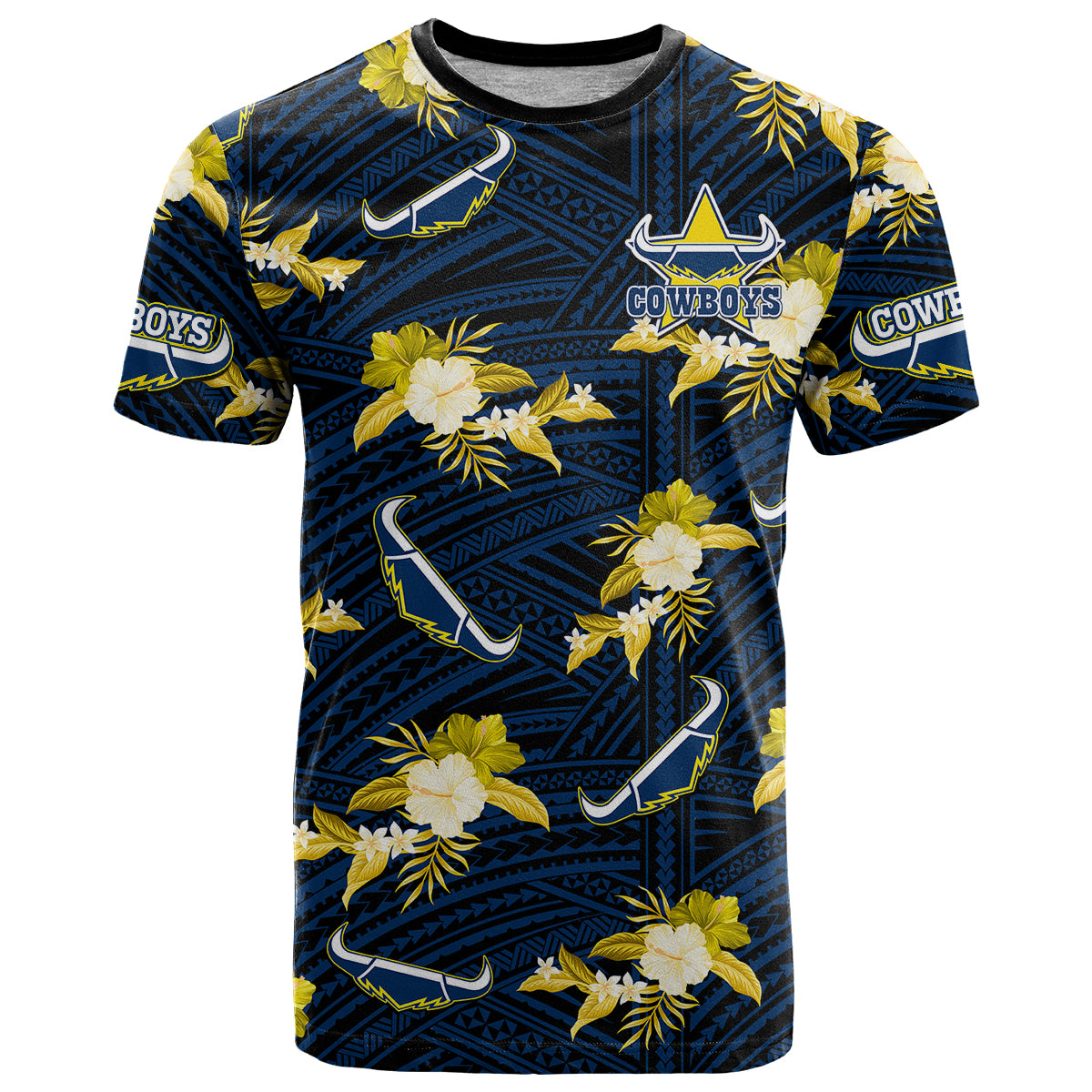 custom-text-and-number-cowboys-rugby-t-shirt-polynesian-tribal-mix-tropical-hawaiian-blue-style