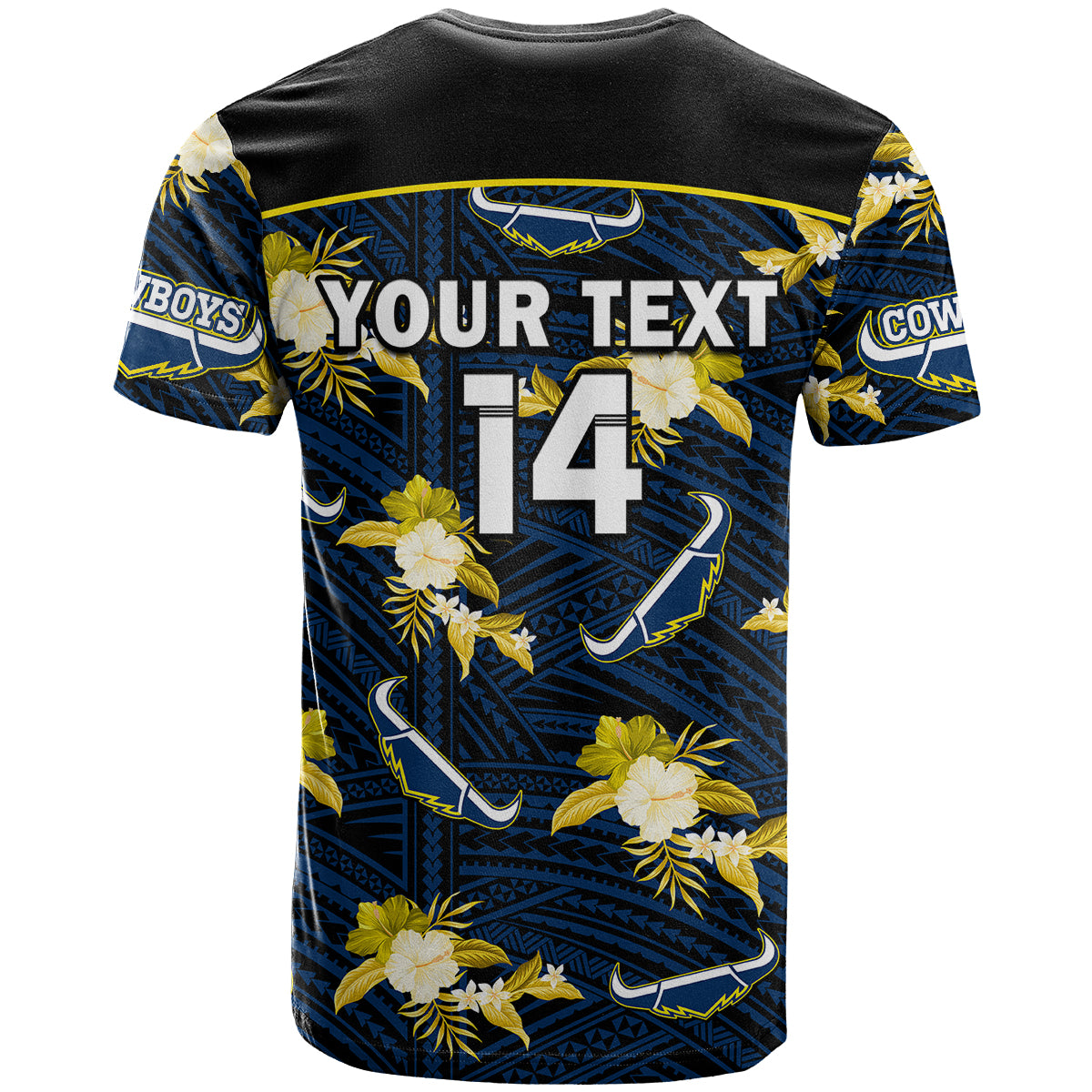 custom-text-and-number-cowboys-rugby-t-shirt-polynesian-tribal-mix-tropical-hawaiian-blue-style