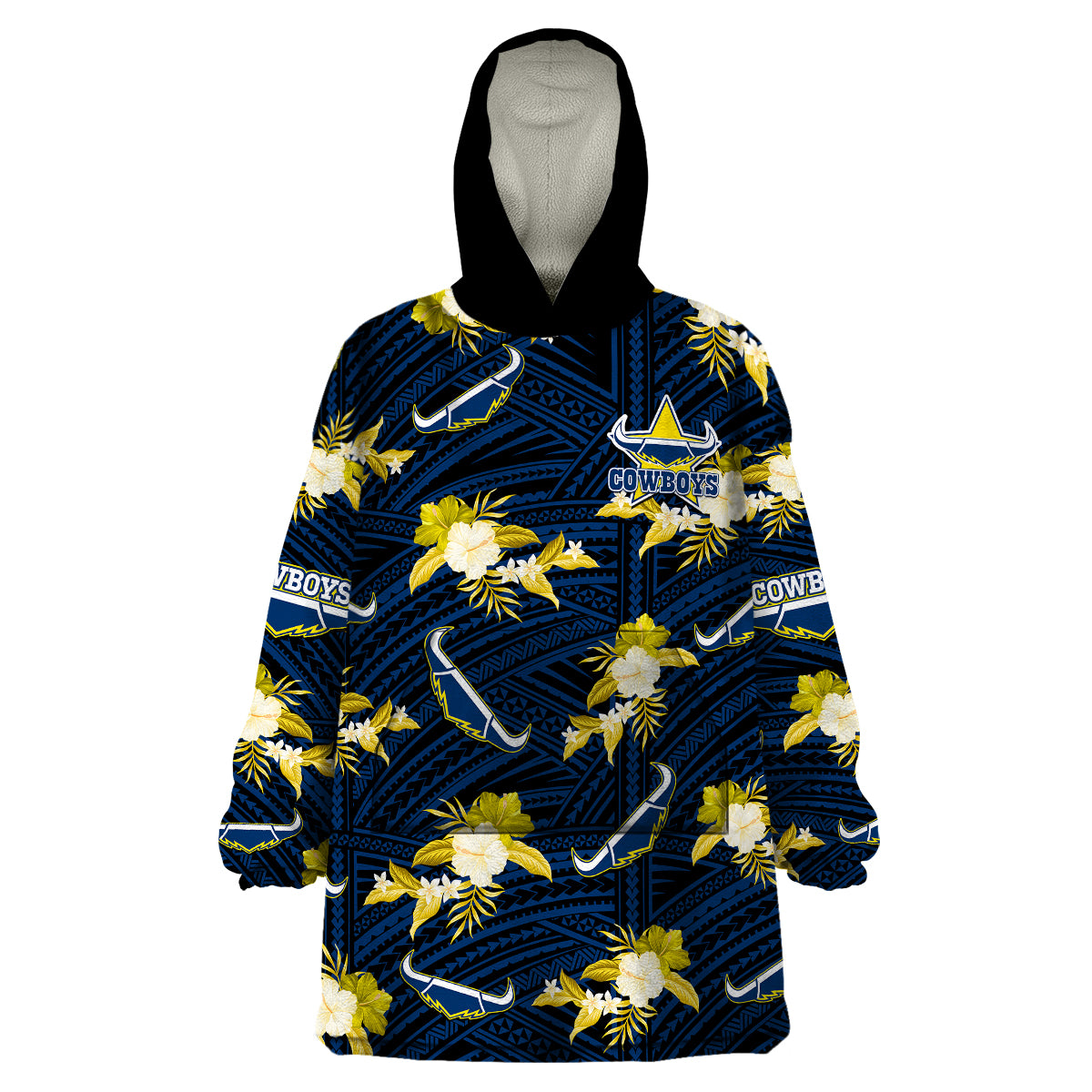 custom-text-and-number-cowboys-rugby-wearable-blanket-hoodie-polynesian-tribal-mix-tropical-hawaiian-blue-style