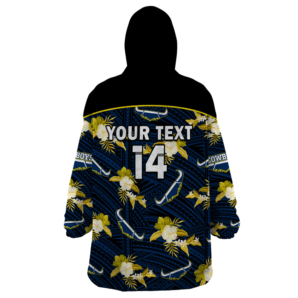 custom-text-and-number-cowboys-rugby-wearable-blanket-hoodie-polynesian-tribal-mix-tropical-hawaiian-blue-style