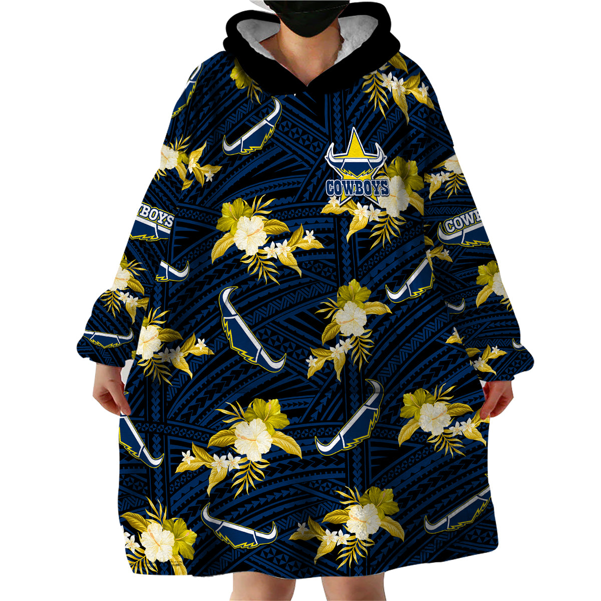custom-text-and-number-cowboys-rugby-wearable-blanket-hoodie-polynesian-tribal-mix-tropical-hawaiian-blue-style