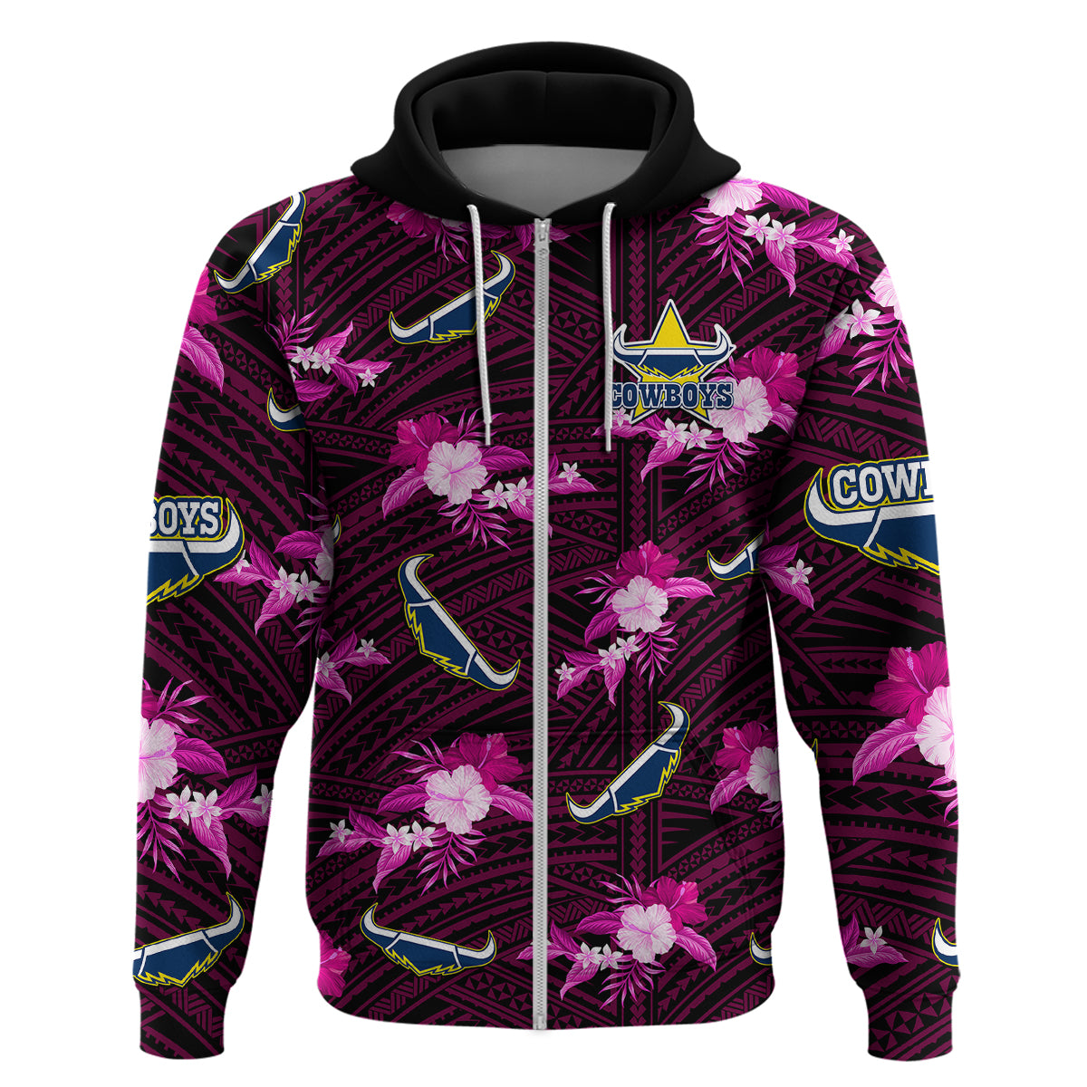 custom-text-and-number-cowboys-rugby-hoodie-polynesian-tribal-mix-tropical-hawaiian-pink-style