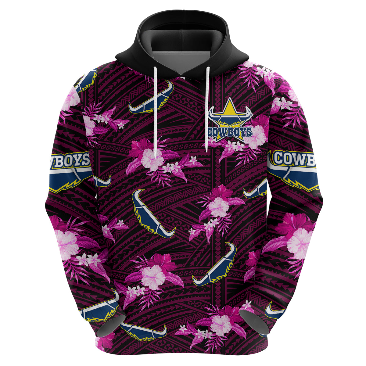custom-text-and-number-cowboys-rugby-hoodie-polynesian-tribal-mix-tropical-hawaiian-pink-style
