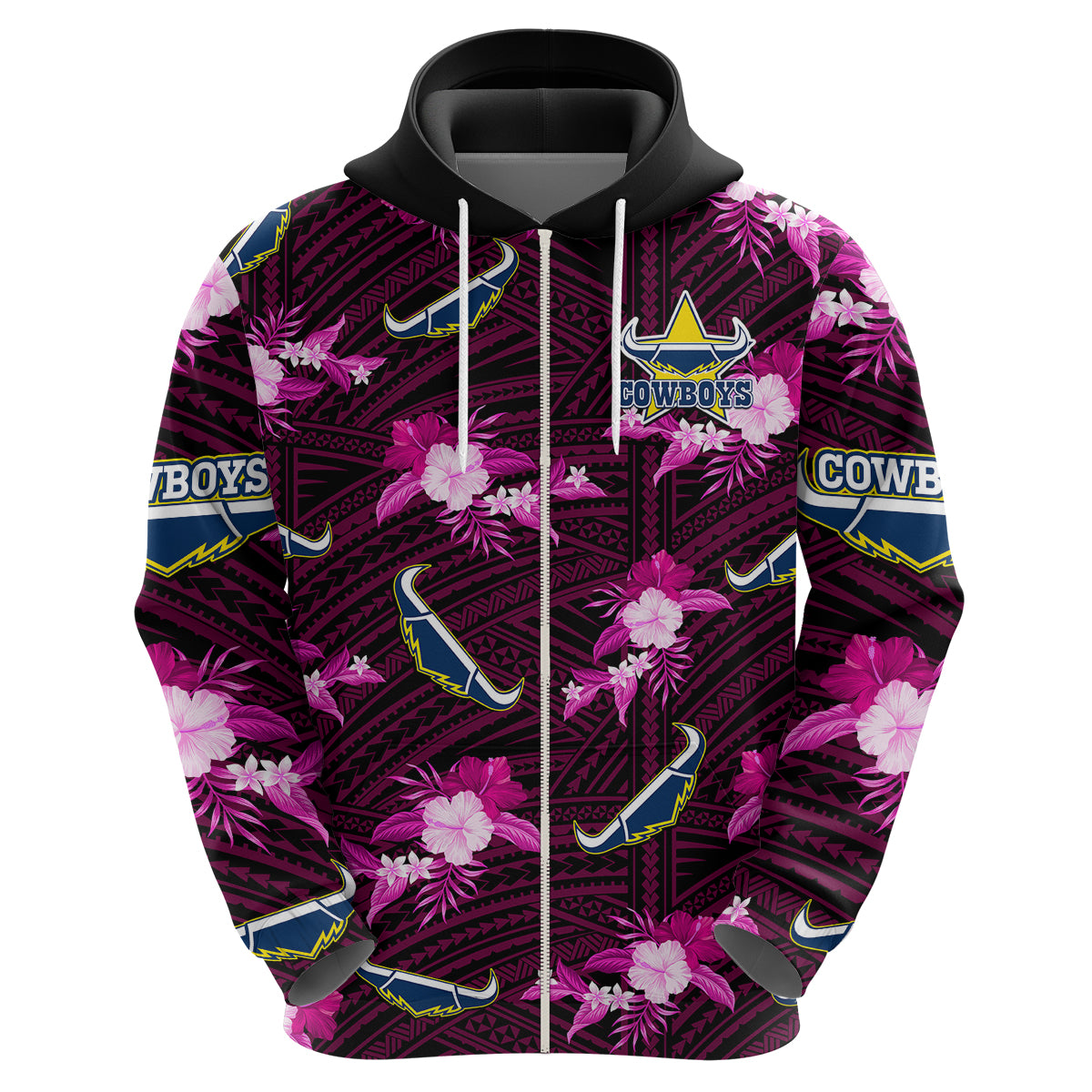 custom-text-and-number-cowboys-rugby-hoodie-polynesian-tribal-mix-tropical-hawaiian-pink-style