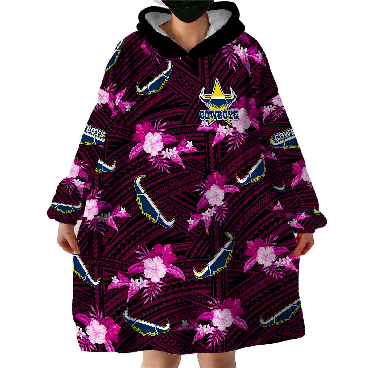 custom-text-and-number-cowboys-rugby-wearable-blanket-hoodie-polynesian-tribal-mix-tropical-hawaiian-pink-style