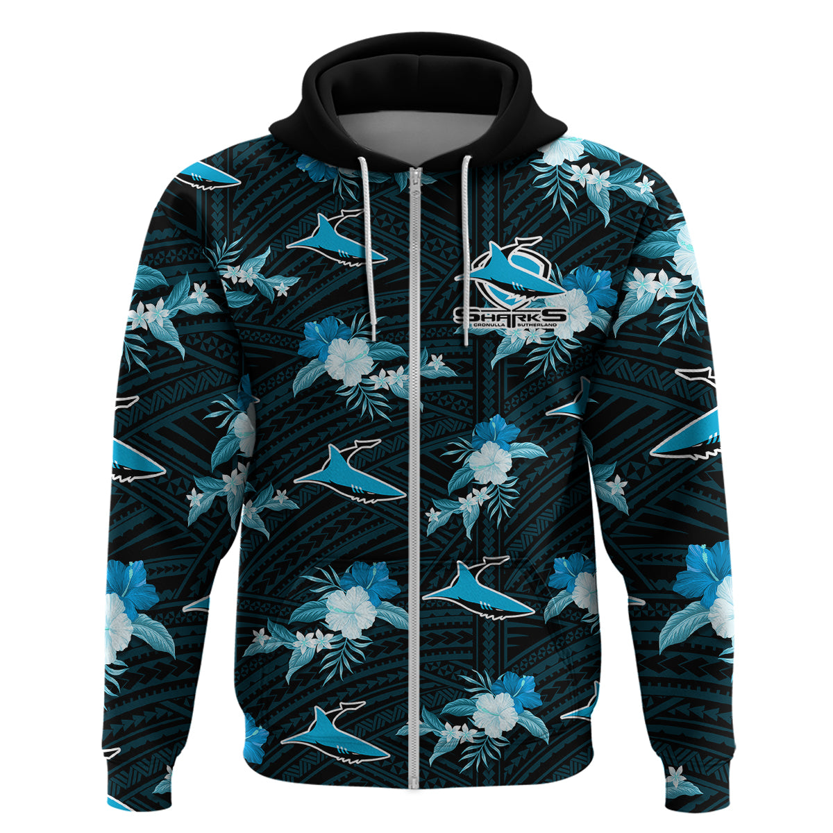 custom-text-and-number-sharks-rugby-hoodie-polynesian-tribal-mix-tropical-hawaiian-style