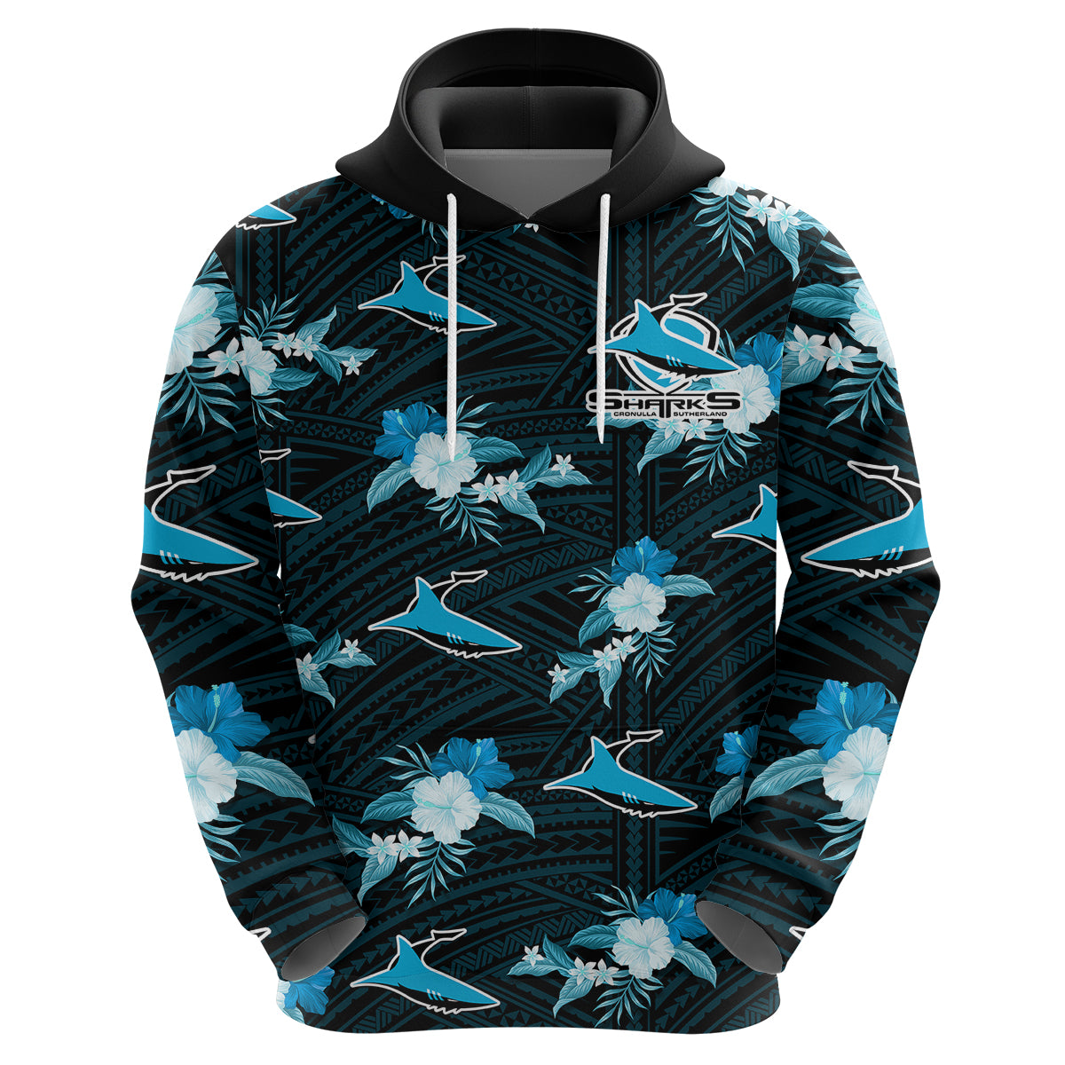 custom-text-and-number-sharks-rugby-hoodie-polynesian-tribal-mix-tropical-hawaiian-style
