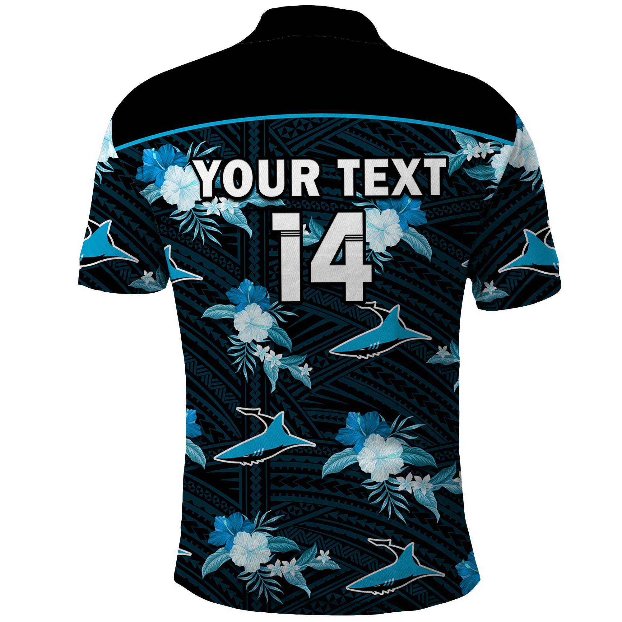 custom-text-and-number-sharks-rugby-polo-shirt-polynesian-tribal-mix-tropical-hawaiian-style