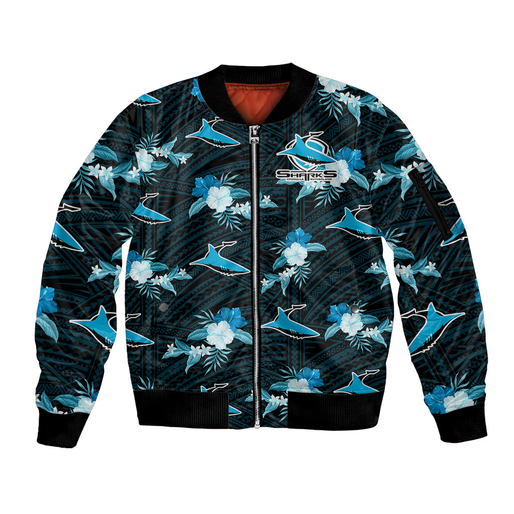 custom-text-and-number-sharks-rugby-sleeve-zip-bomber-jacket-polynesian-tribal-mix-tropical-hawaiian-style