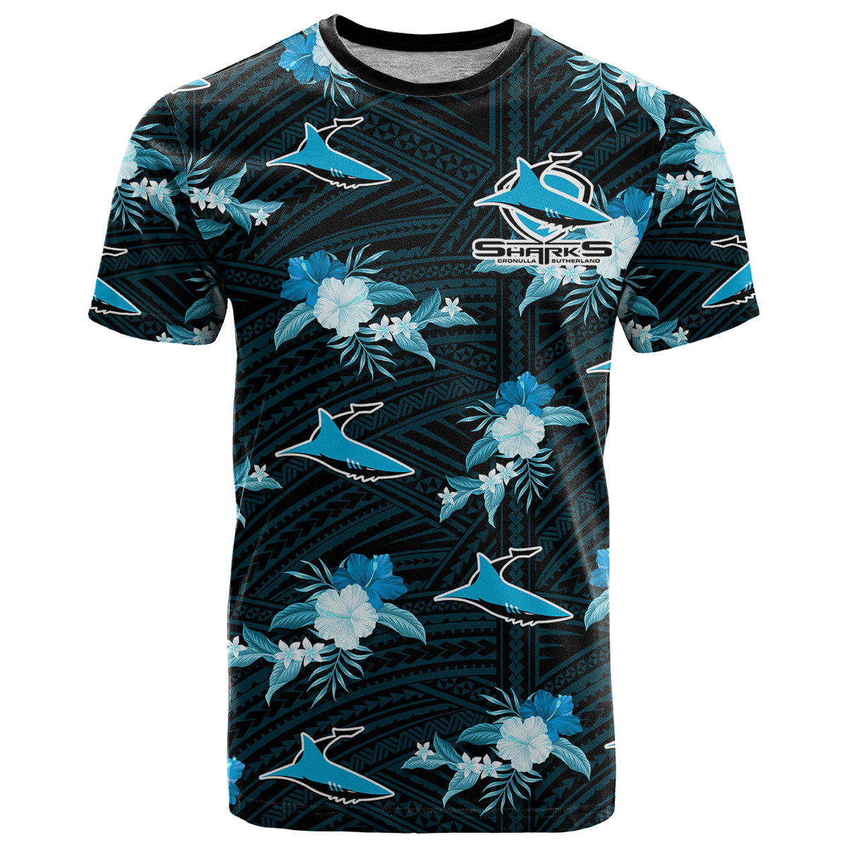 custom-text-and-number-sharks-rugby-t-shirt-polynesian-tribal-mix-tropical-hawaiian-style