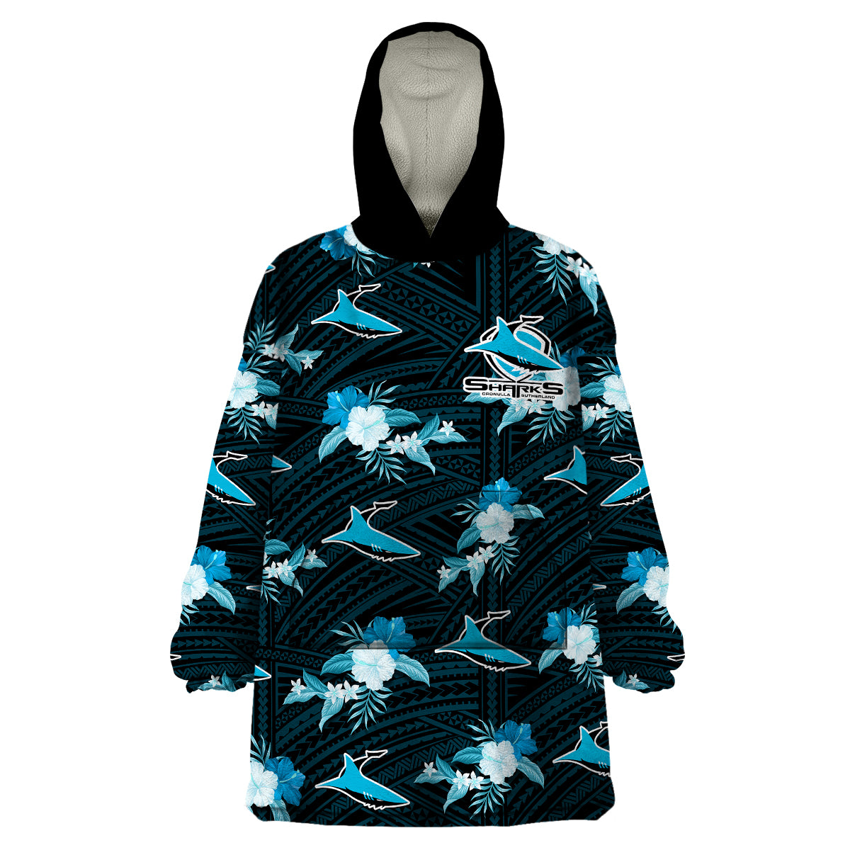 custom-text-and-number-sharks-rugby-wearable-blanket-hoodie-polynesian-tribal-mix-tropical-hawaiian-style