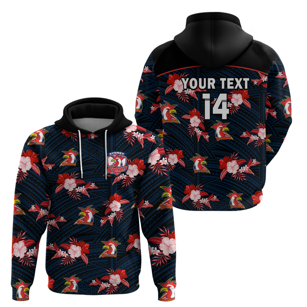 custom-text-and-number-roosters-rugby-hoodie-polynesian-tribal-mix-tropical-hawaiian-style