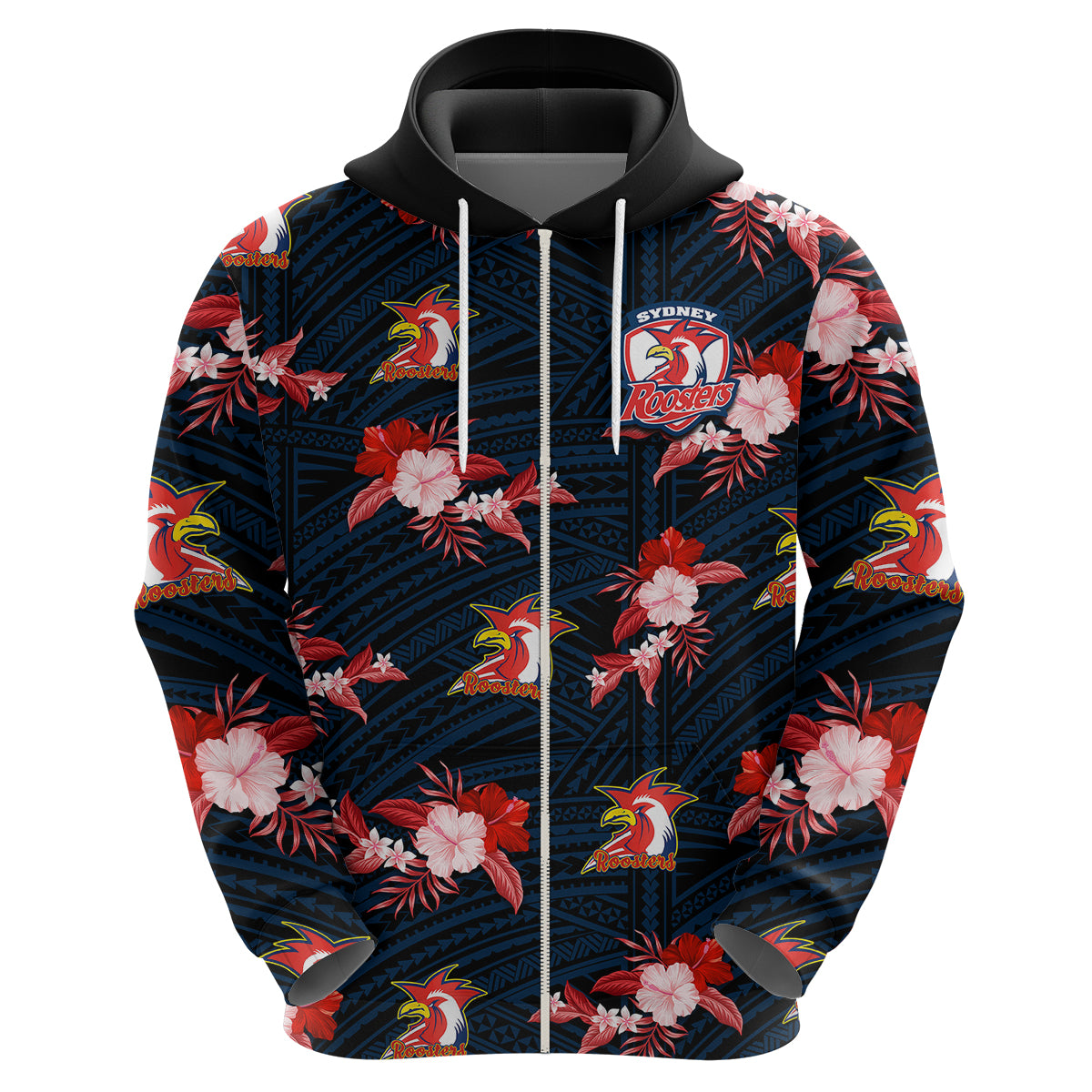 custom-text-and-number-roosters-rugby-hoodie-polynesian-tribal-mix-tropical-hawaiian-style
