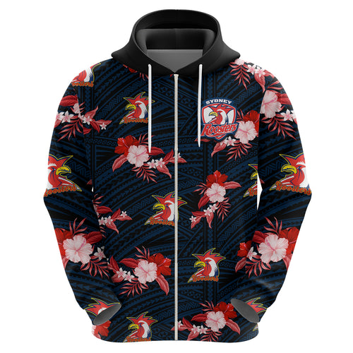 custom-text-and-number-roosters-rugby-hoodie-polynesian-tribal-mix-tropical-hawaiian-style