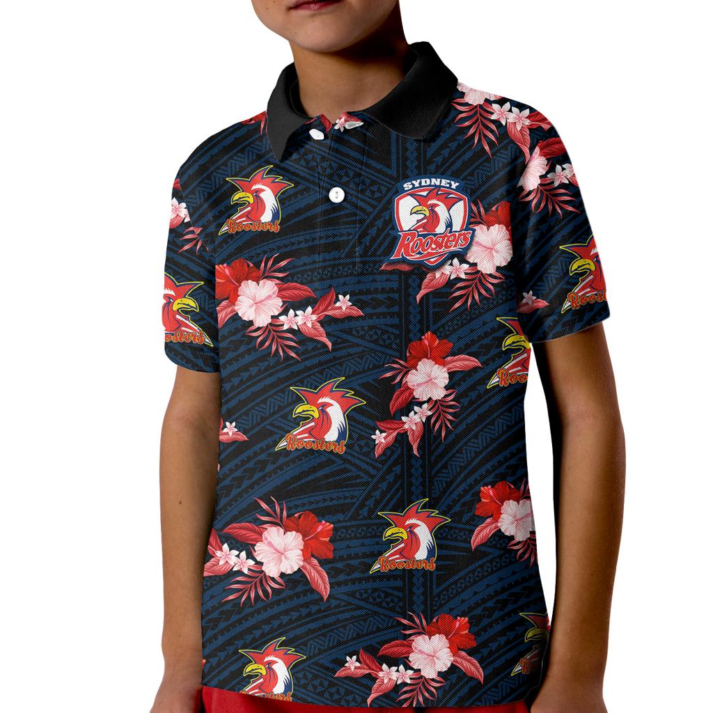 custom-text-and-number-roosters-rugby-kid-polo-shirt-polynesian-tribal-mix-tropical-hawaiian-style