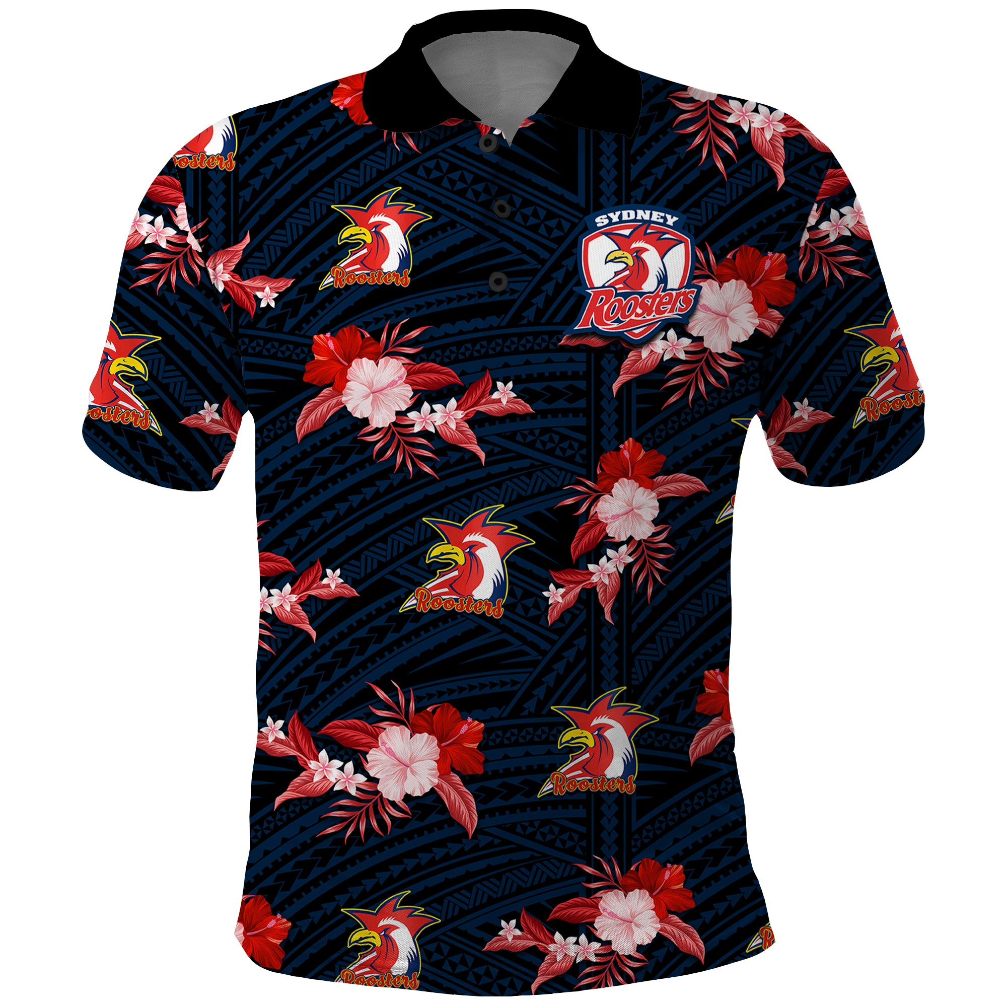 custom-text-and-number-roosters-rugby-polo-shirt-polynesian-tribal-mix-tropical-hawaiian-style