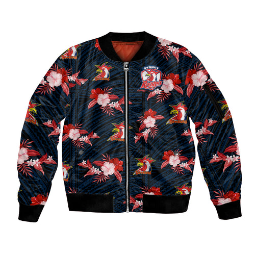 custom-text-and-number-roosters-rugby-sleeve-zip-bomber-jacket-polynesian-tribal-mix-tropical-hawaiian-style