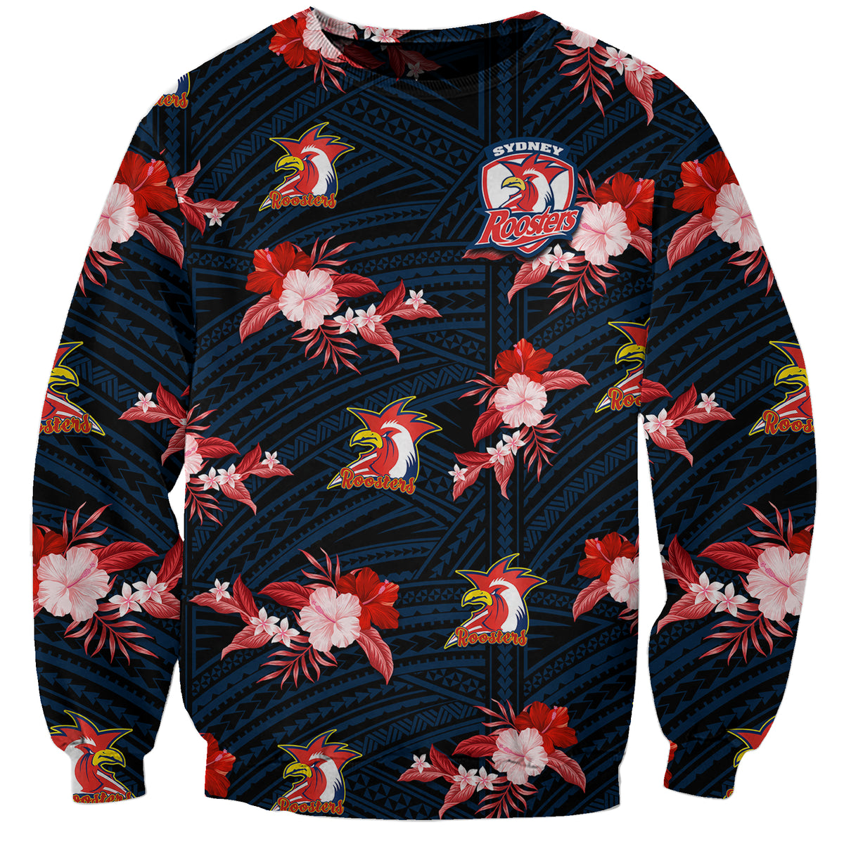 custom-text-and-number-roosters-rugby-sweatshirt-polynesian-tribal-mix-tropical-hawaiian-style
