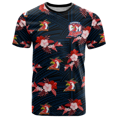 custom-text-and-number-roosters-rugby-t-shirt-polynesian-tribal-mix-tropical-hawaiian-style