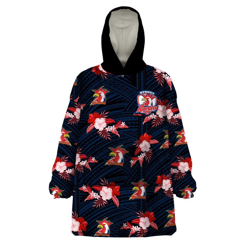 custom-text-and-number-roosters-rugby-wearable-blanket-hoodie-polynesian-tribal-mix-tropical-hawaiian-style