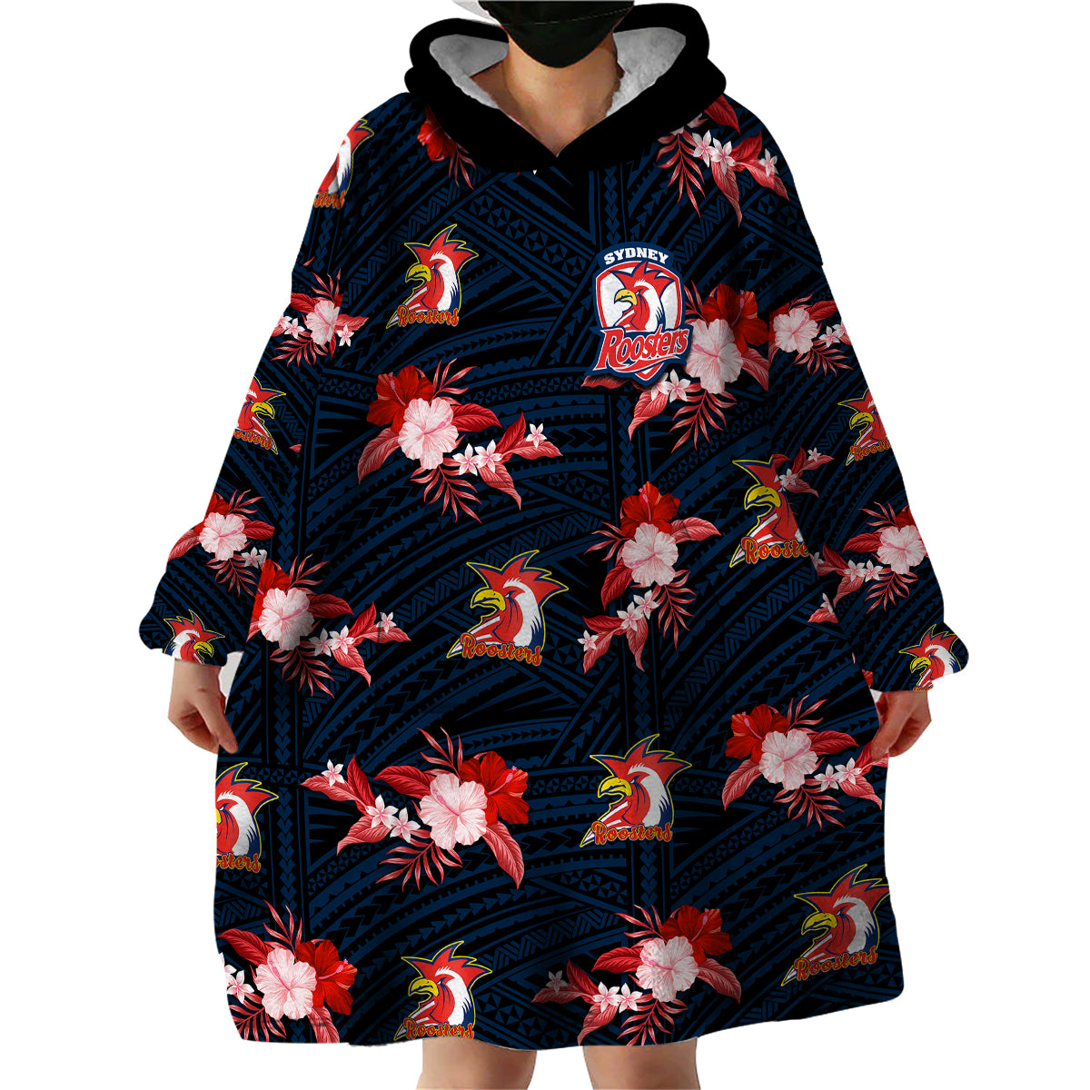 custom-text-and-number-roosters-rugby-wearable-blanket-hoodie-polynesian-tribal-mix-tropical-hawaiian-style