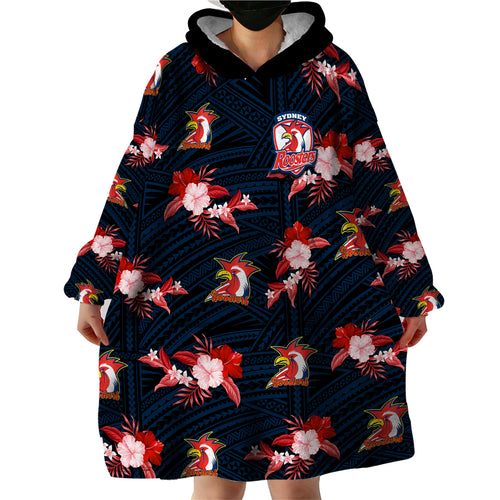 custom-text-and-number-roosters-rugby-wearable-blanket-hoodie-polynesian-tribal-mix-tropical-hawaiian-style