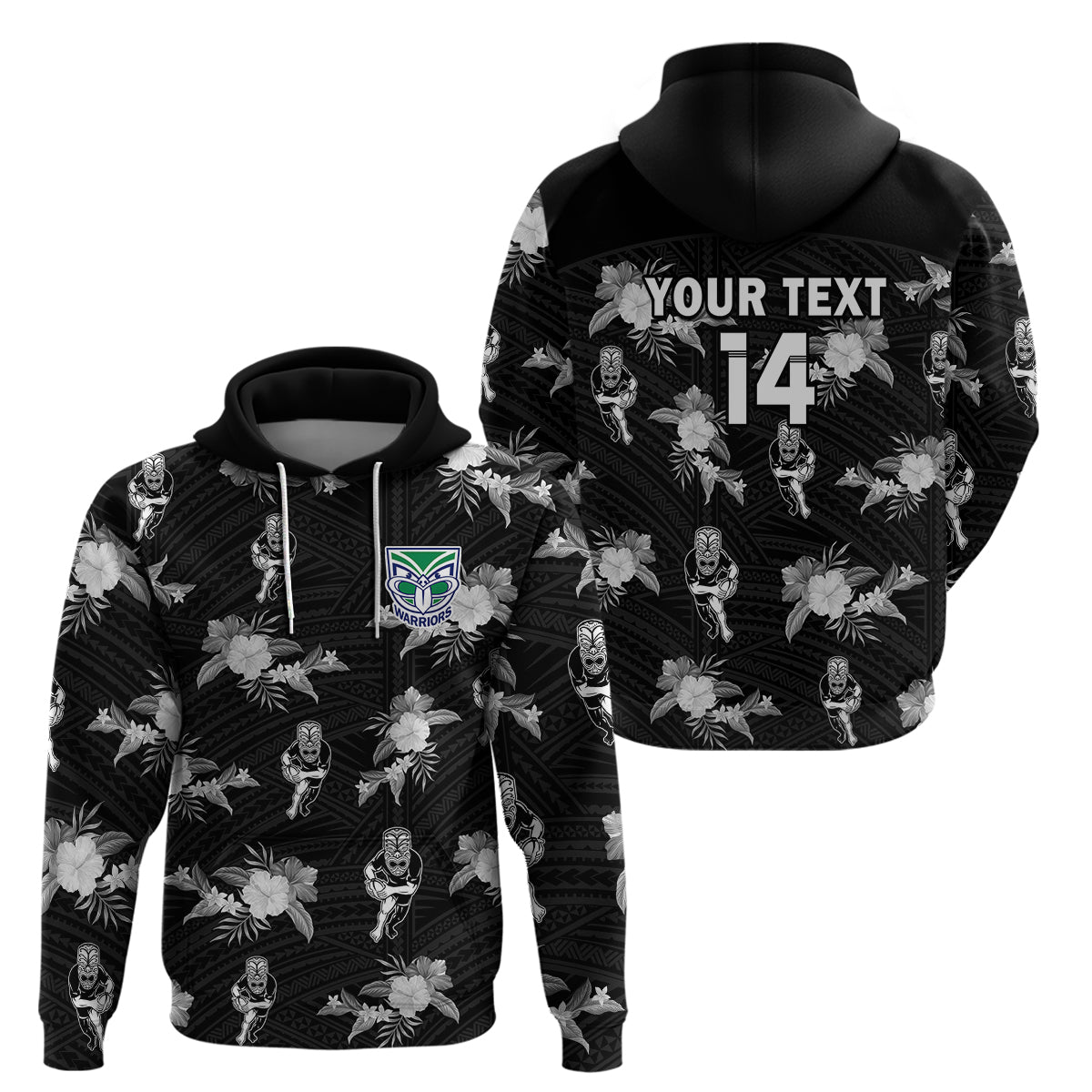 custom-text-and-number-warriors-rugby-hoodie-nz-polynesian-tribal-mix-tropical-hawaiian-style