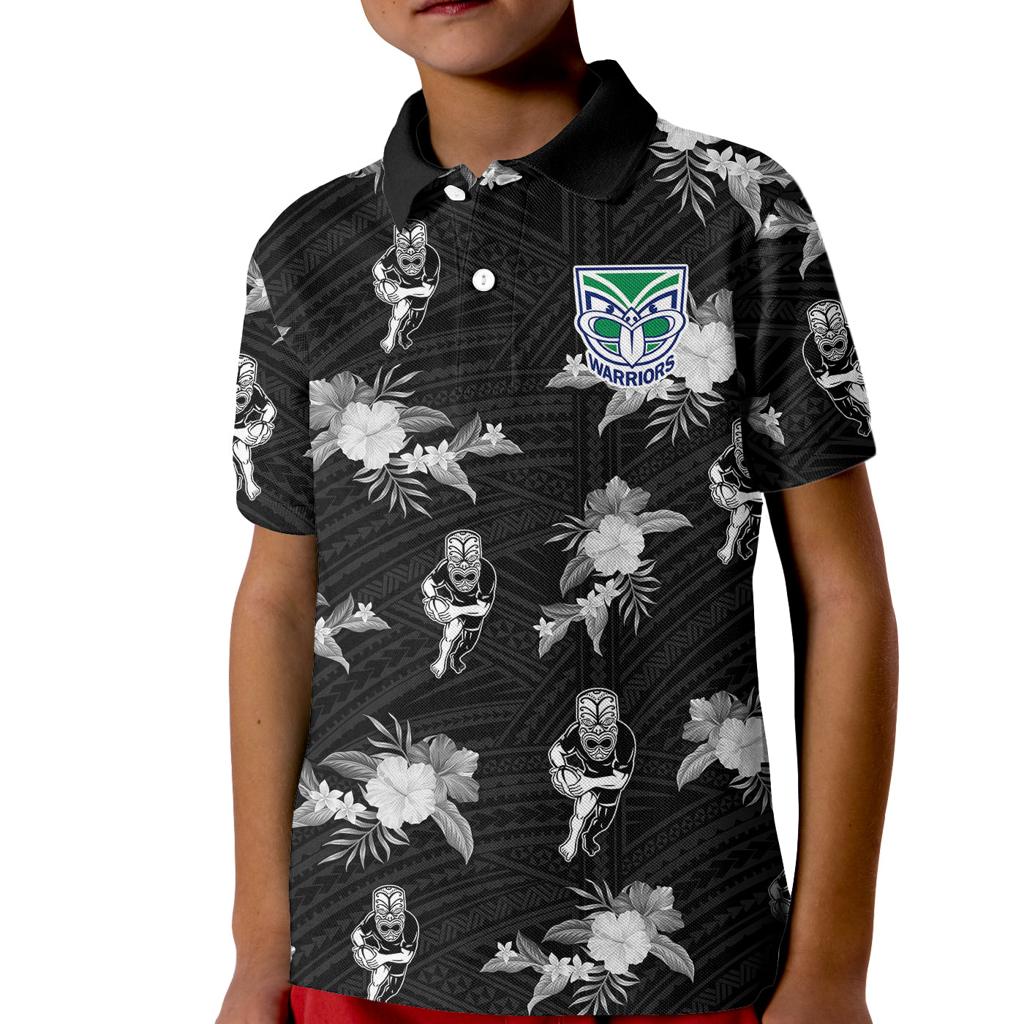 custom-text-and-number-warriors-rugby-kid-polo-shirt-nz-polynesian-tribal-mix-tropical-hawaiian-style