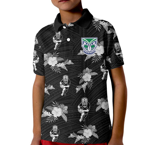 custom-text-and-number-warriors-rugby-kid-polo-shirt-nz-polynesian-tribal-mix-tropical-hawaiian-style