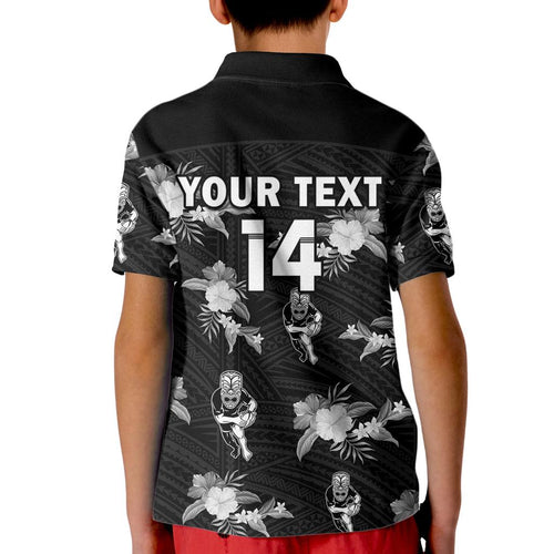 custom-text-and-number-warriors-rugby-kid-polo-shirt-nz-polynesian-tribal-mix-tropical-hawaiian-style