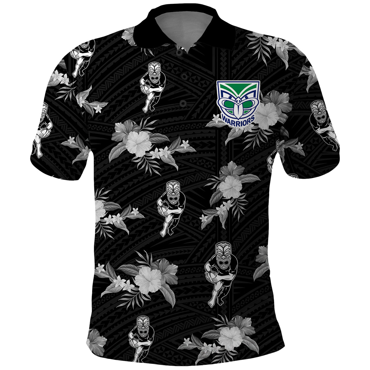 custom-text-and-number-warriors-rugby-polo-shirt-nz-polynesian-tribal-mix-tropical-hawaiian-style