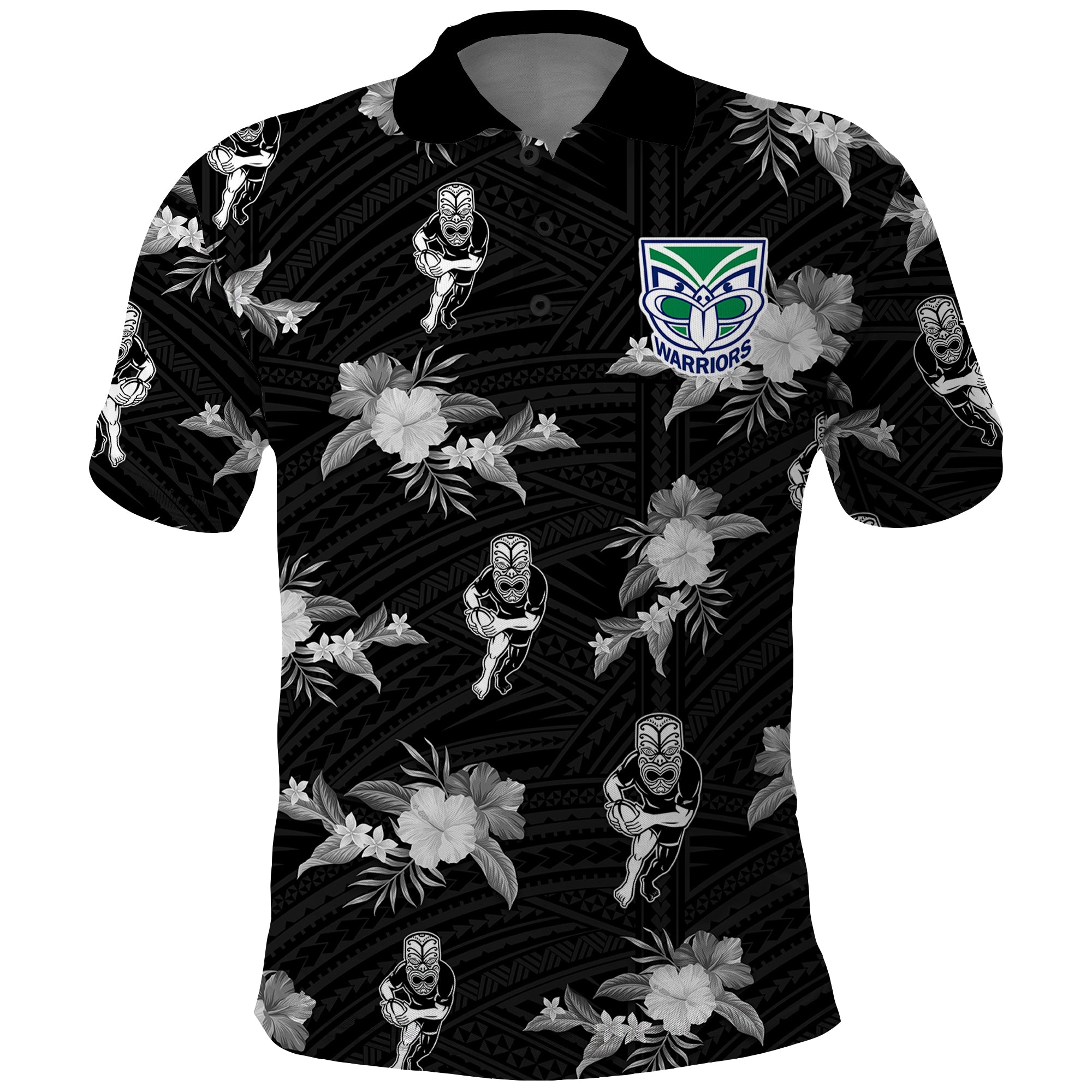 custom-text-and-number-warriors-rugby-polo-shirt-nz-polynesian-tribal-mix-tropical-hawaiian-style