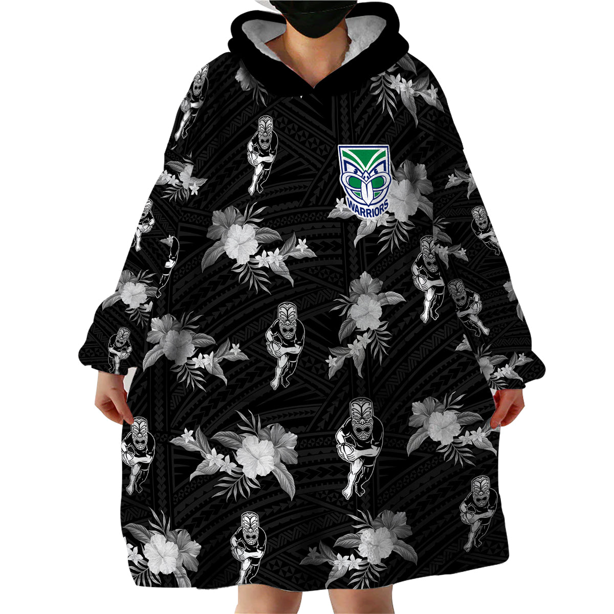 custom-text-and-number-warriors-rugby-wearable-blanket-hoodie-nz-polynesian-tribal-mix-tropical-hawaiian-style