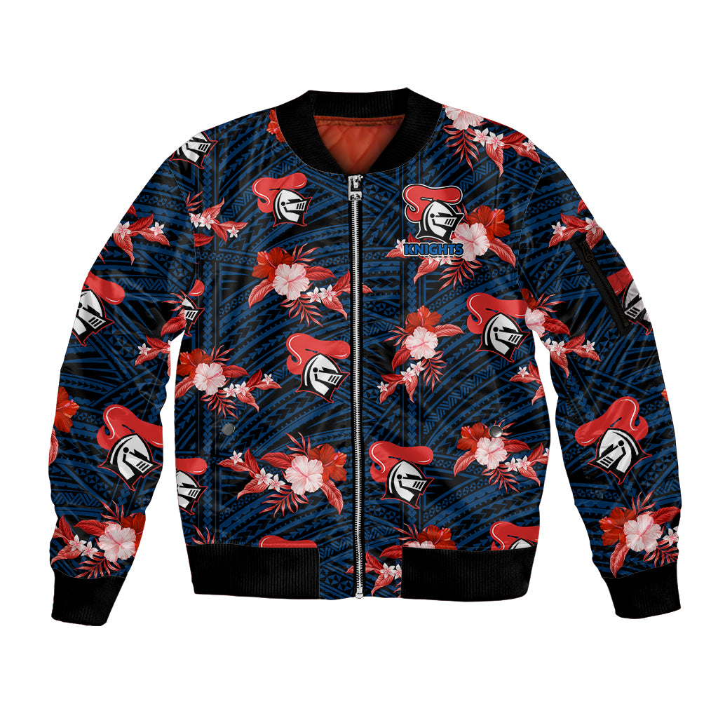 custom-text-and-number-newcastle-knights-rugby-sleeve-zip-bomber-jacket-polynesian-tribal-mix-tropical-hawaiian-style