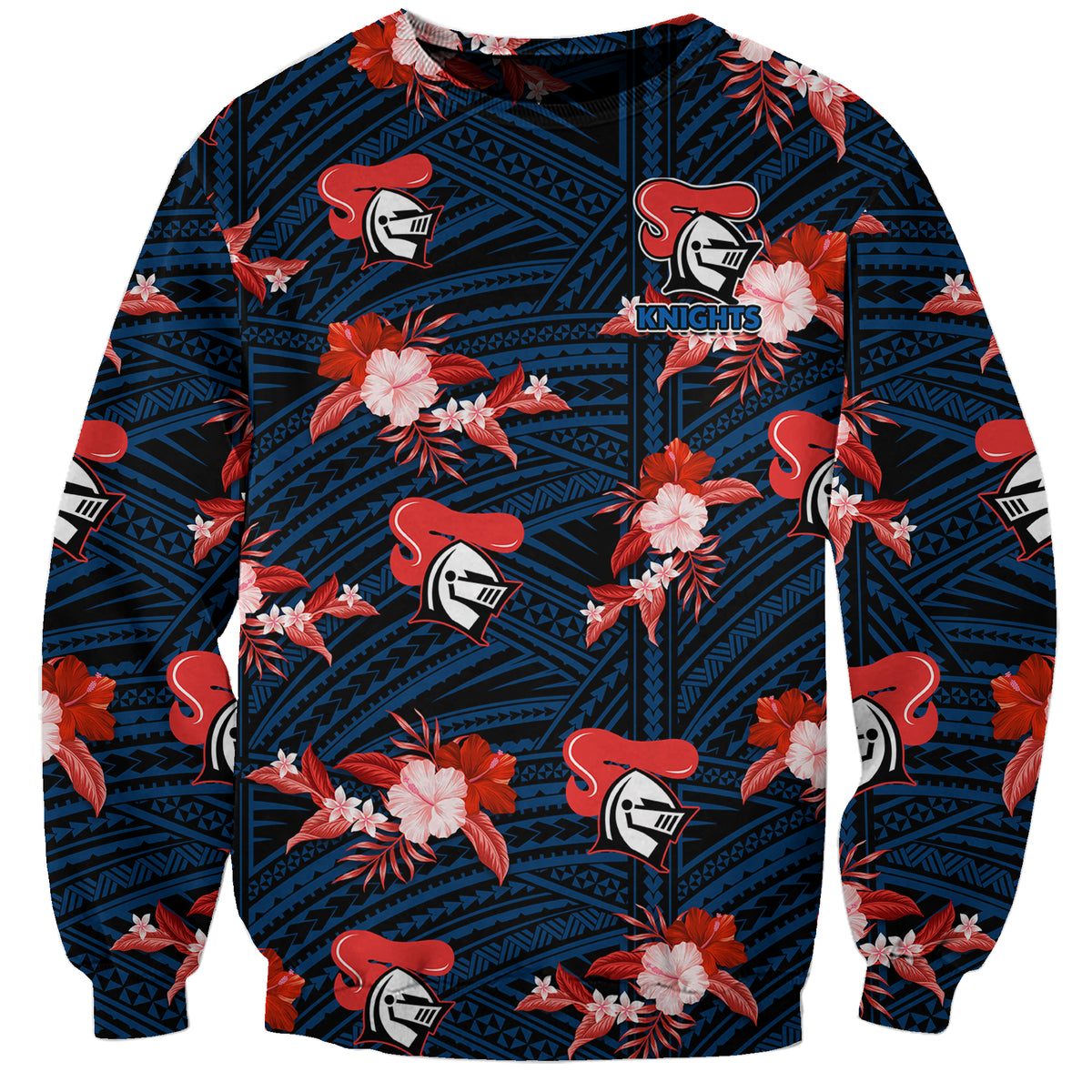 custom-text-and-number-newcastle-knights-rugby-sweatshirt-polynesian-tribal-mix-tropical-hawaiian-style