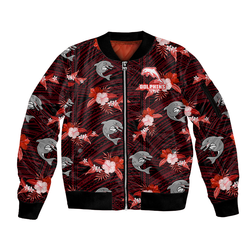 custom-text-and-number-dolphins-rugby-sleeve-zip-bomber-jacket-polynesian-tribal-mix-tropical-hawaiian-style